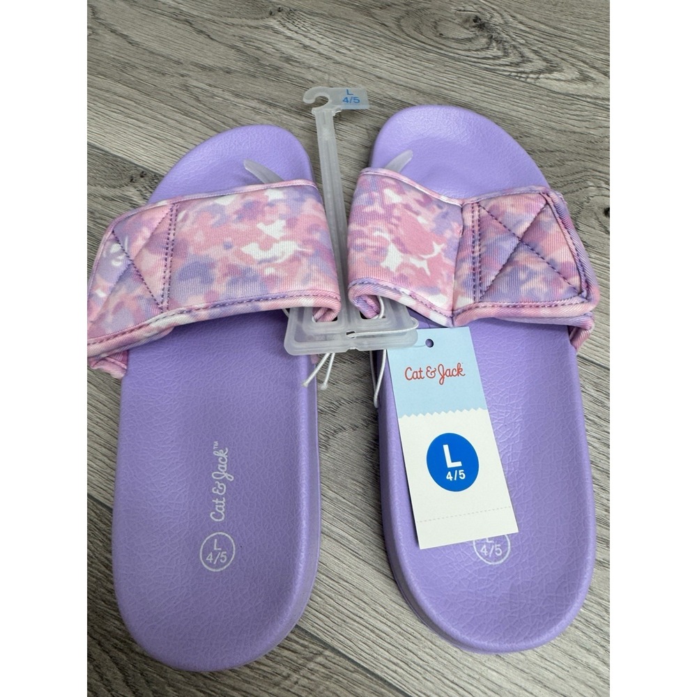 Cat & Jack Slide Sandals Girls L 4/5 Purple Pink Camo Adjustable Strap NWT